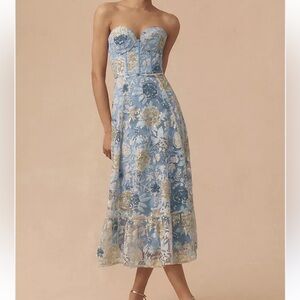 Dress the Population Blue and Gold Floral Midi Dress